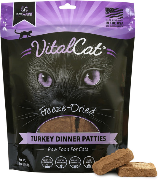 Vital Essentials Turkey Dinner Patties Grain-Free Limited Ingredient Freeze-Dried Cat Food, 8-oz bag
